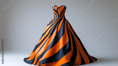 A stunning, strapless evening gown with a dramatic swirl pattern in bold orange and black, exuding elegance and flair for any special occasion. photo