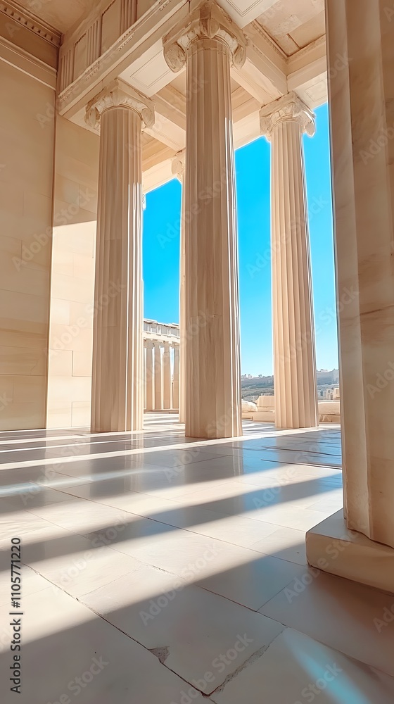 Fototapeta premium The entrance of the Parthenon, a view from inside looking out at columns with light and shadow on them