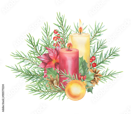 Christmas decoration. Watercolor composition of fir branches, holly leaves and berries, cones.