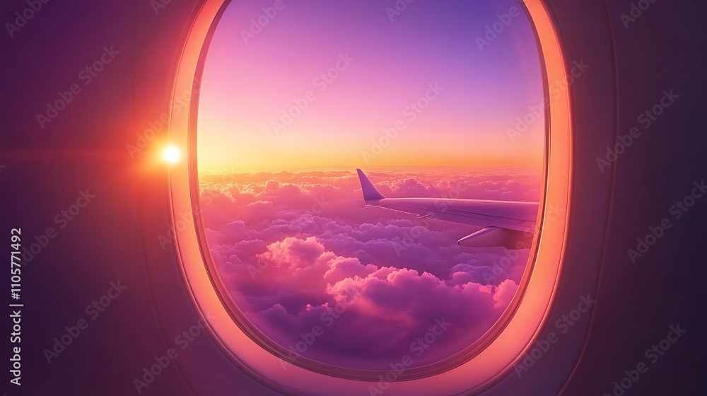 Airplane Window View Sunrise Cloudscape Wing Airplane Window View Sunrise Cloudscape Wing