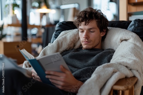 A contemplative young man enjoys reading a book in a comfortable chair, surrounded by a serene and stylish living space, embodying relaxation and focus. photo