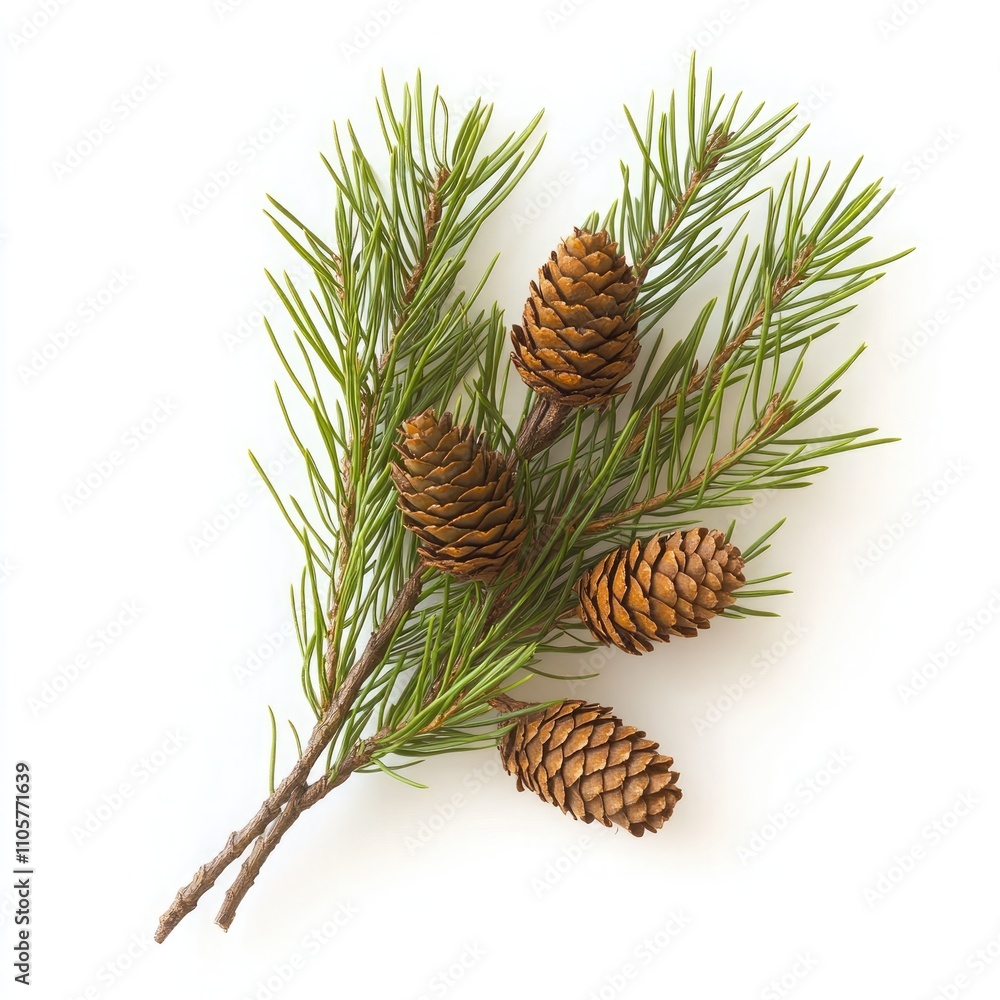 Fototapeta premium pine sprig with brown cones on a stick, in a green colo