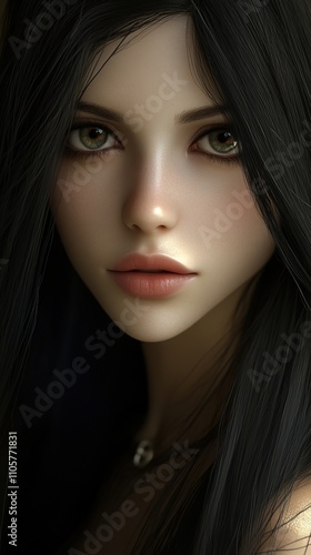 A captivating close-up portrait of a serene woman with long black hair, showcasing her beauty and tranquility. This image perfectly encapsulates the essence of calmness and grace, making it ideal for 