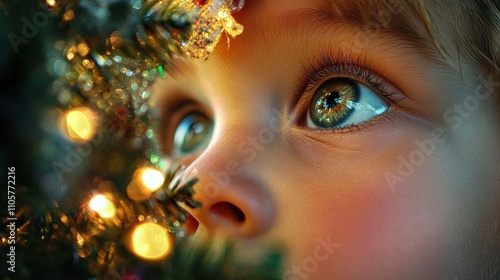 Close-up of a childa face, eyes wide with wonder as they look at the Christmas tree photo