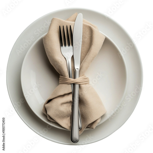 Cutlery on Plates with Beige Napkin on Transparent Background