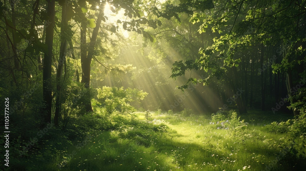 Beautiful Summer Day in a Green Forest with Sunlight Filtering Through Beautiful Summer Day in a Green Forest with Sunlight Filtering Through