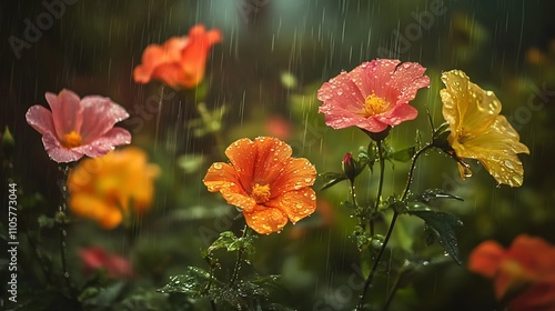 Vibrant flowers refreshed by rain, showcasing freshness and vivid colors 