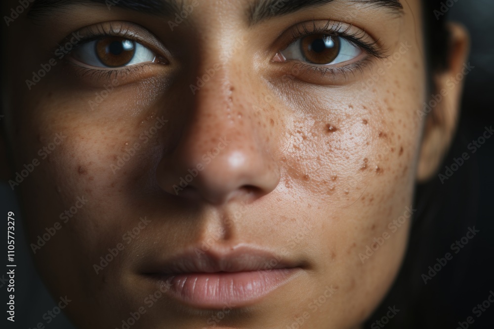 close-up face brown-eyed young woman, facial skin with acne, pigment spots, skin problems close-up face brown-eyed young woman, facial skin with acne, pigment spots, skin problems