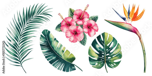 Tropical Paradise: A vibrant watercolor illustration featuring a collection of lush tropical leaves and exotic flowers, perfect for adding a touch of paradise to your designs.