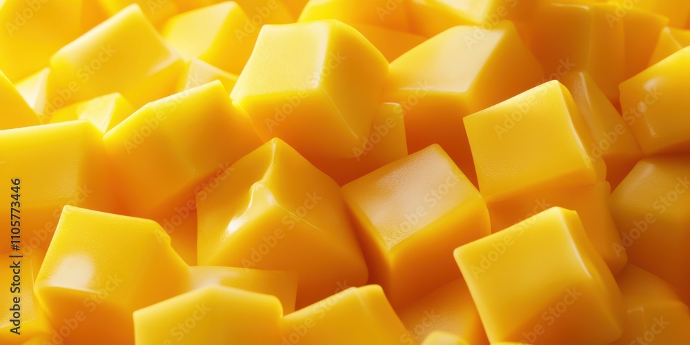 Diced mango pieces showcase their bright yellow color in an appealing layout. The warm lighting enhances the juicy texture, perfect for desserts or salads. Diced mango pieces showcase their bright yellow color in an appealing layout. The warm lighting enhances the juicy texture, perfect for desserts or salads.