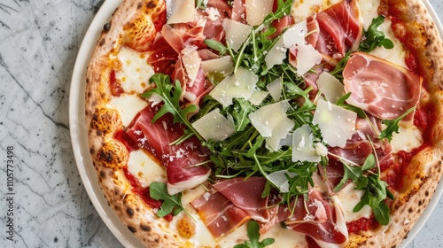 Overhead view of pizza with serrano ham, arugula, and Grana Padano. photo