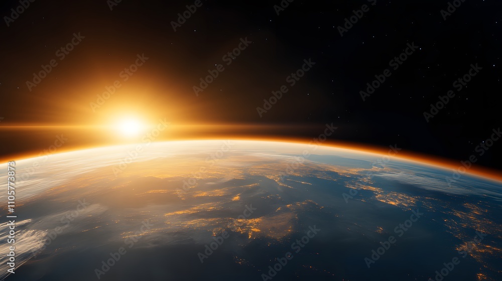 Fototapeta premium Sunrise over Earth from space, with warm colors and atmospheric glow