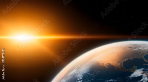 Sunrise over Earth from space, with warm colors and atmospheric glow