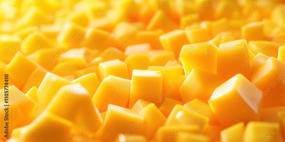 Diced mango pieces showcase their bright yellow color in an appealing layout. The warm lighting enhances the juicy texture, perfect for desserts or salads. Diced mango pieces showcase their bright yellow color in an appealing layout. The warm lighting enhances the juicy texture, perfect for desserts or salads.