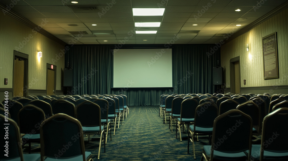 Fototapeta premium Conference room setup with rows of chairs and a projection screen in a hotel