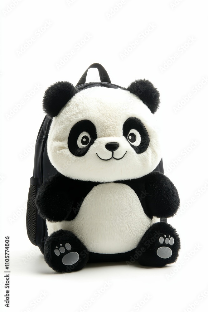 Obraz premium Plush panda-shaped backpack, sitting, white background.
