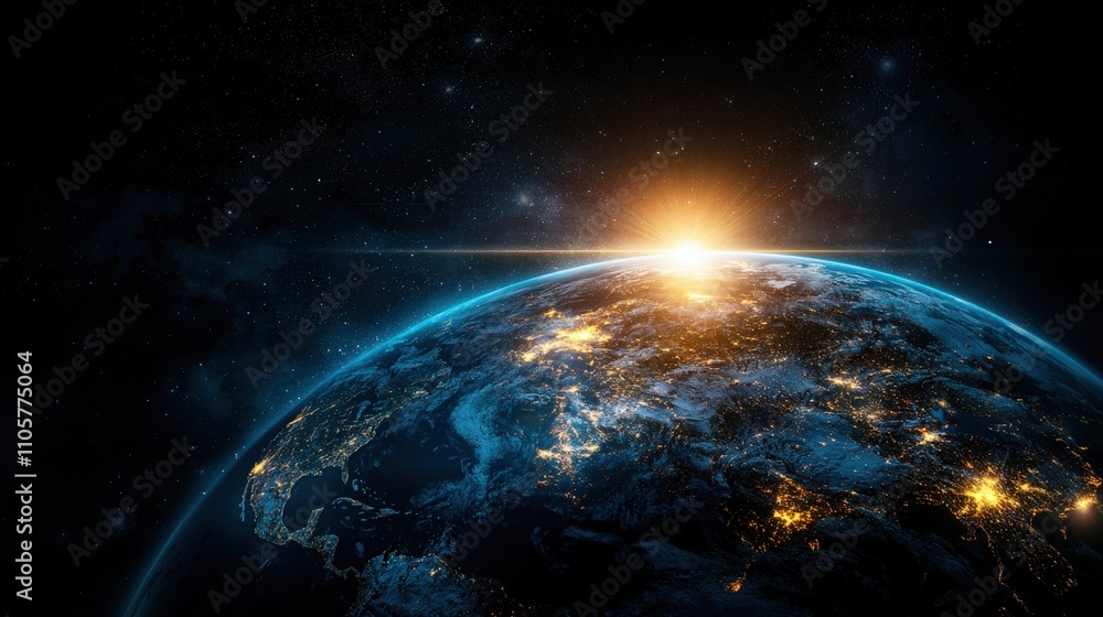 Obraz premium Stunning global sunrise a cosmic perspective on earth's renewable energy potential and environmental awareness