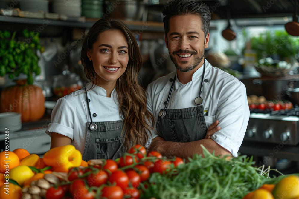 two smiling chefs, a man and a woman, standing in a professional kitchen. They are dressed in white chef's jackets and black aprons. two smiling chefs, a man and a woman, standing in a professional kitchen. They are dressed in white chef's jackets and black aprons.