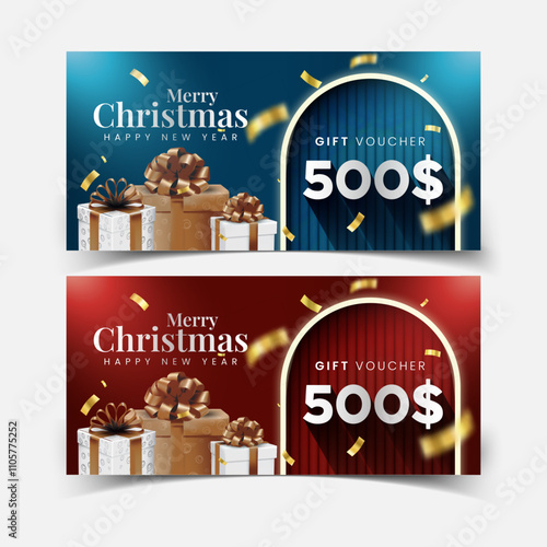 Christmas gift voucher card template vector illustration. $200 coupon code promotion. Christmas gift card voucher design for business. Elegant template for a festive gift card.
