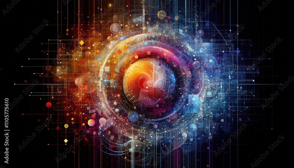 abstract technological background with concentric circles, flashes of light, stars, particles on a dark background abstract technological background with concentric circles, flashes of light, stars, particles on a dark background
