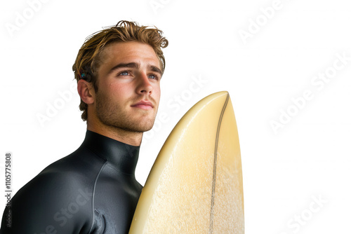 A young man in a black wetsuit holds a surfboard while looking off into the distance. He appears focused and prepared, showcasing the spirit of surfing and a passion for ocean adventures. photo