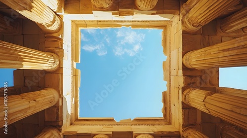 The entrance of the Parthenon, a view from inside looking out at columns with light and shadow on them