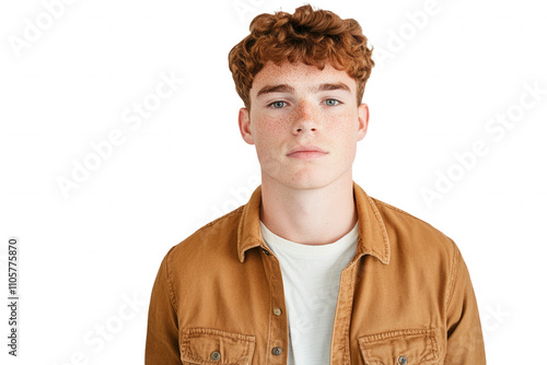 A young man stands confidently, showcasing his curly brown hair and freckles. He wears a casual button up shirt over a simple t shirt, creating a relaxed yet put together look against a clean white ba