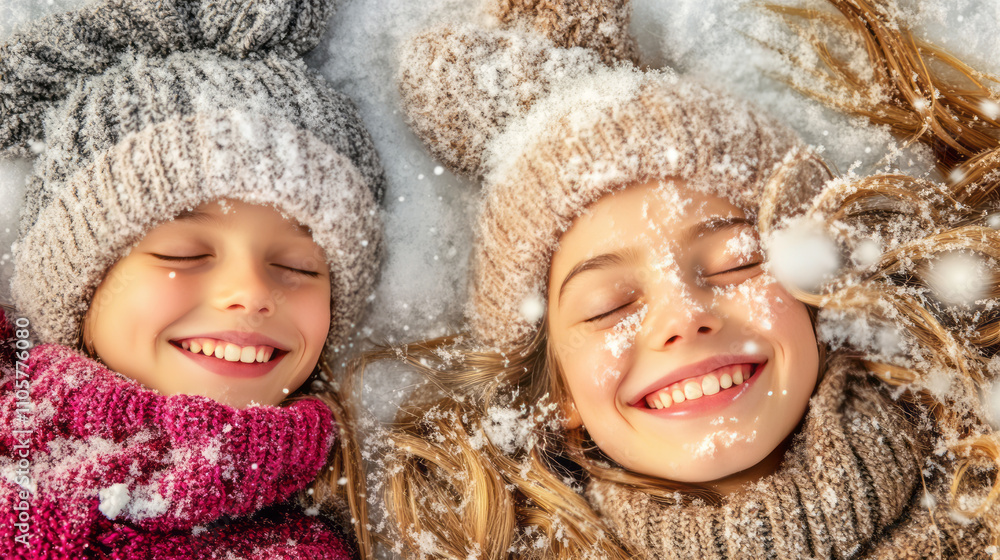 A two girls lies on the snow, enjoying themselves against a snowy backdrop. A two girls lies on the snow, enjoying themselves against a snowy backdrop.
