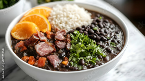 Fototapeta Naklejka Na Ścianę i Meble -  Authentic Brazilian Feijoada with Black Beans, Cured Meats, Orange Segments and Crispy Farofa, Traditional South American Comfort Food Photography