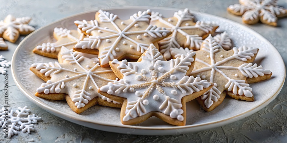 Frosted Snowflake Cookies on a Decorative Plate Frosted Snowflake Cookies on a Decorative Plate