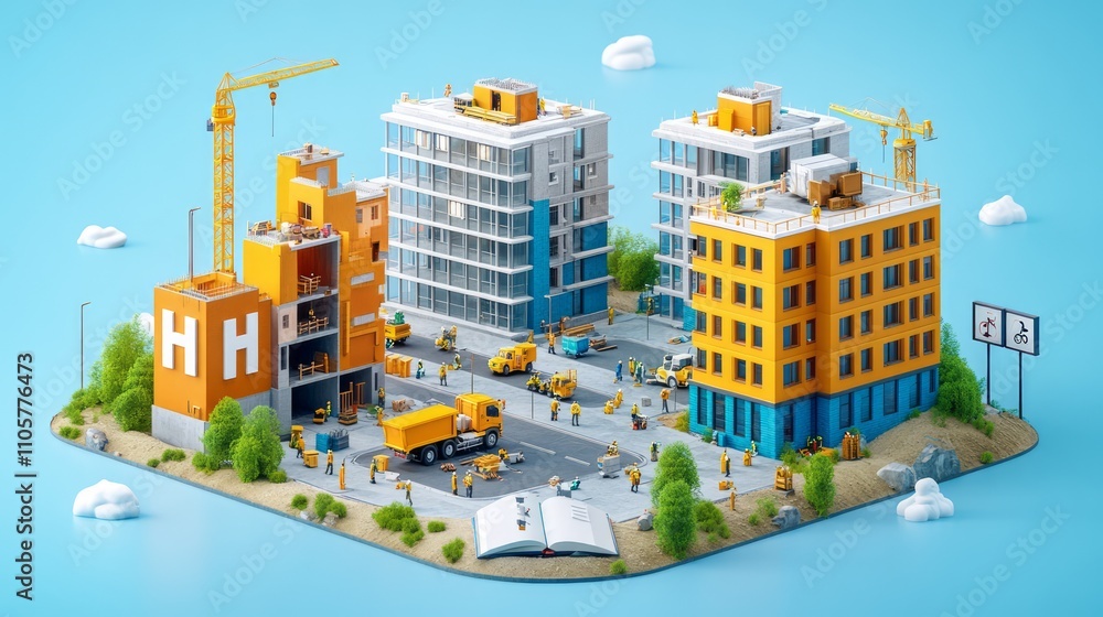 Miniature city under construction with workers and equipment on a square island. Miniature city under construction with workers and equipment on a square island.