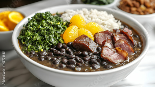 Authentic Brazilian Feijoada with Black Beans, Cured Meats, Orange Segments and Crispy Farofa, Traditional South American Comfort Food Photography