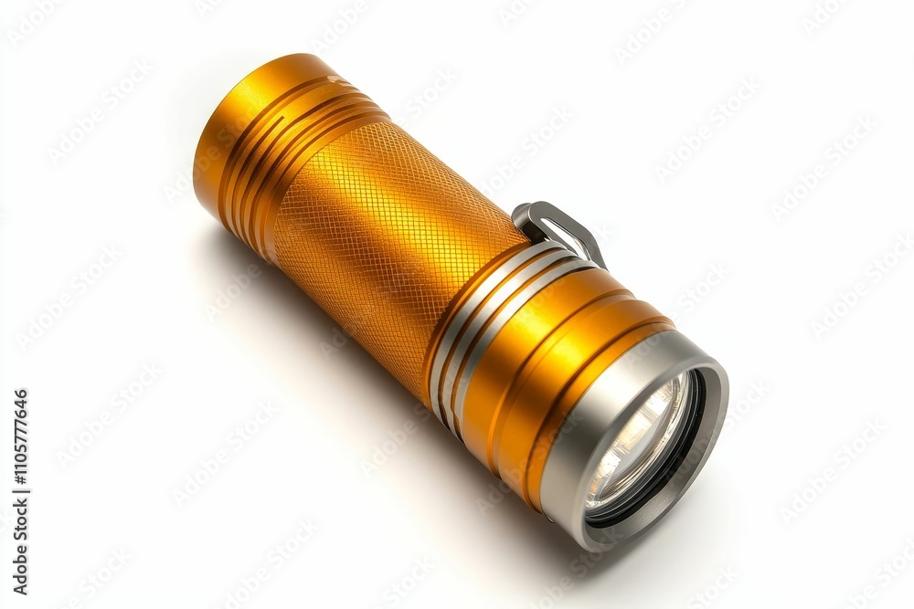 Gold flashlight; metallic body; bright light. Gold flashlight; metallic body; bright light.