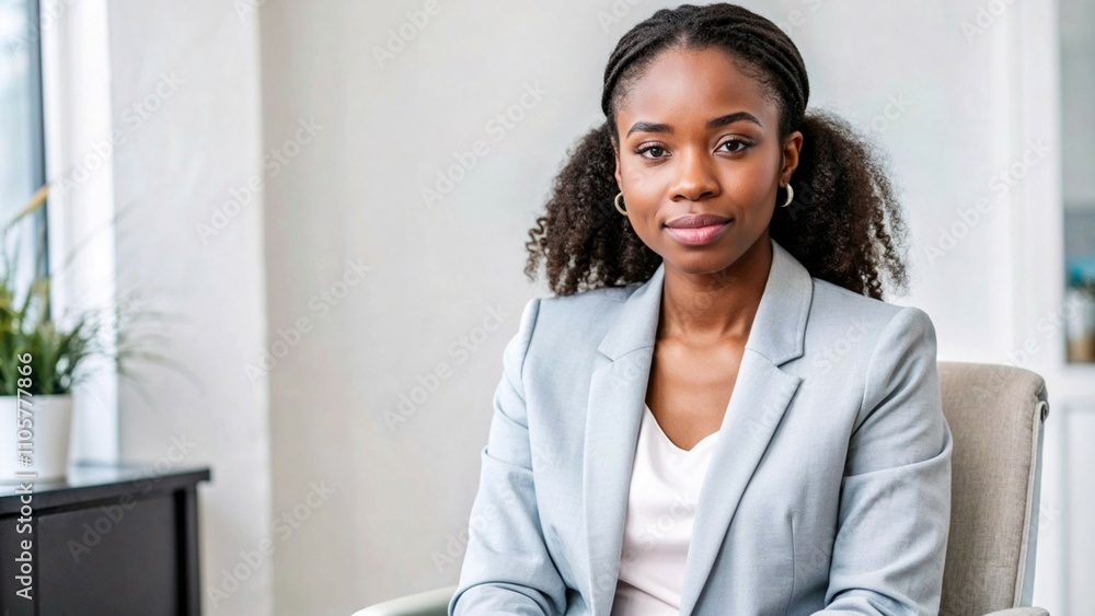 Confident young African businesswoman waiting for a job interview in a modern office setting Confident young African businesswoman waiting for a job interview in a modern office setting