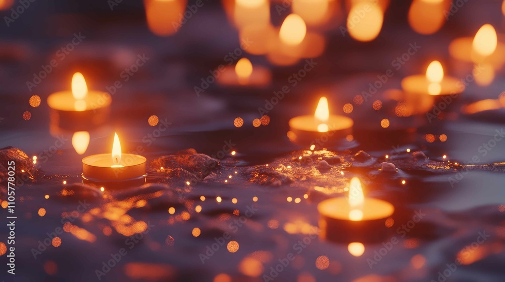 Group of small candles in a close-up view, each with a warm, glowing flame creating a relaxing ambiance Group of small candles in a close-up view, each with a warm, glowing flame creating a relaxing ambiance