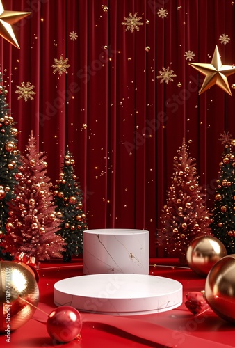 Red christmas background with podium for presentation and christmas decorations