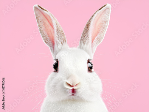 surprised bunny with big eyes, A cute white rabbit with large ears against a soft pink background, capturing the charm and innocence of this beloved animal.