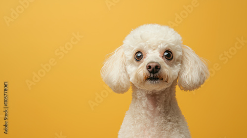 shocked poodle with fluffy fur, A cute white poodle with big expressive eyes, set against a vibrant yellow background, showcasing its adorable personality.