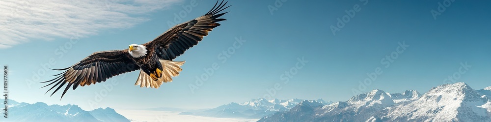 Obraz premium Eagle soaring over snowy mountains under blue sky