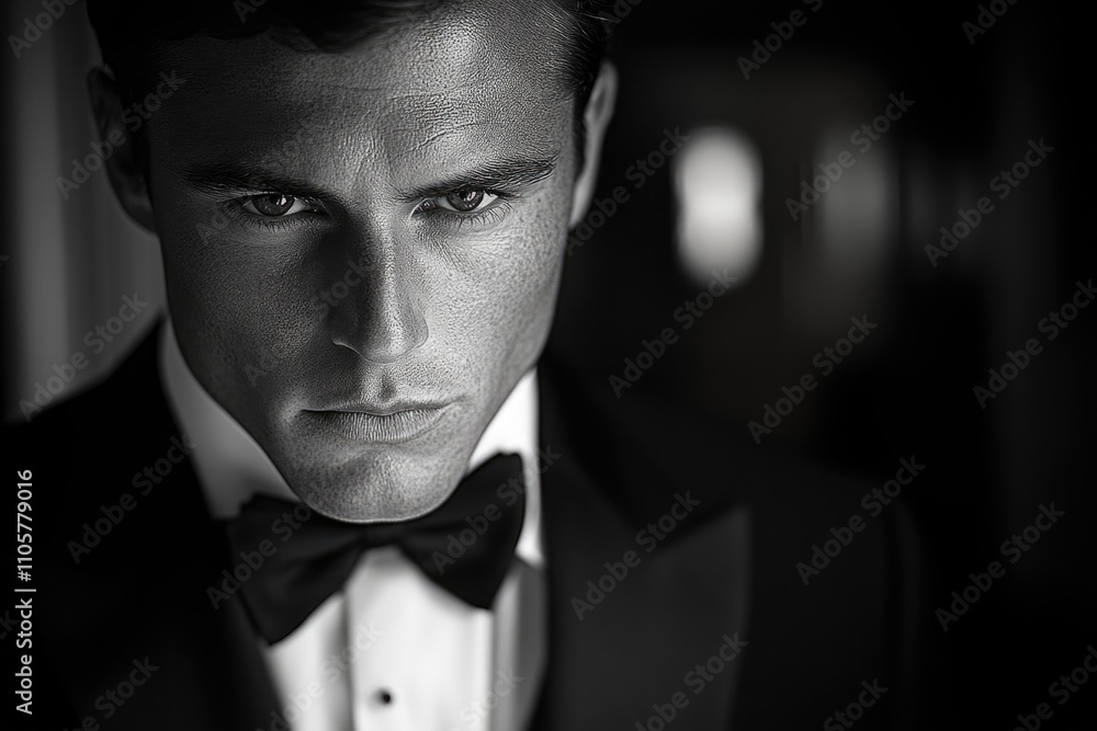 Young caucasian male in tuxedo with intense expression in monochrome Young caucasian male in tuxedo with intense expression in monochrome