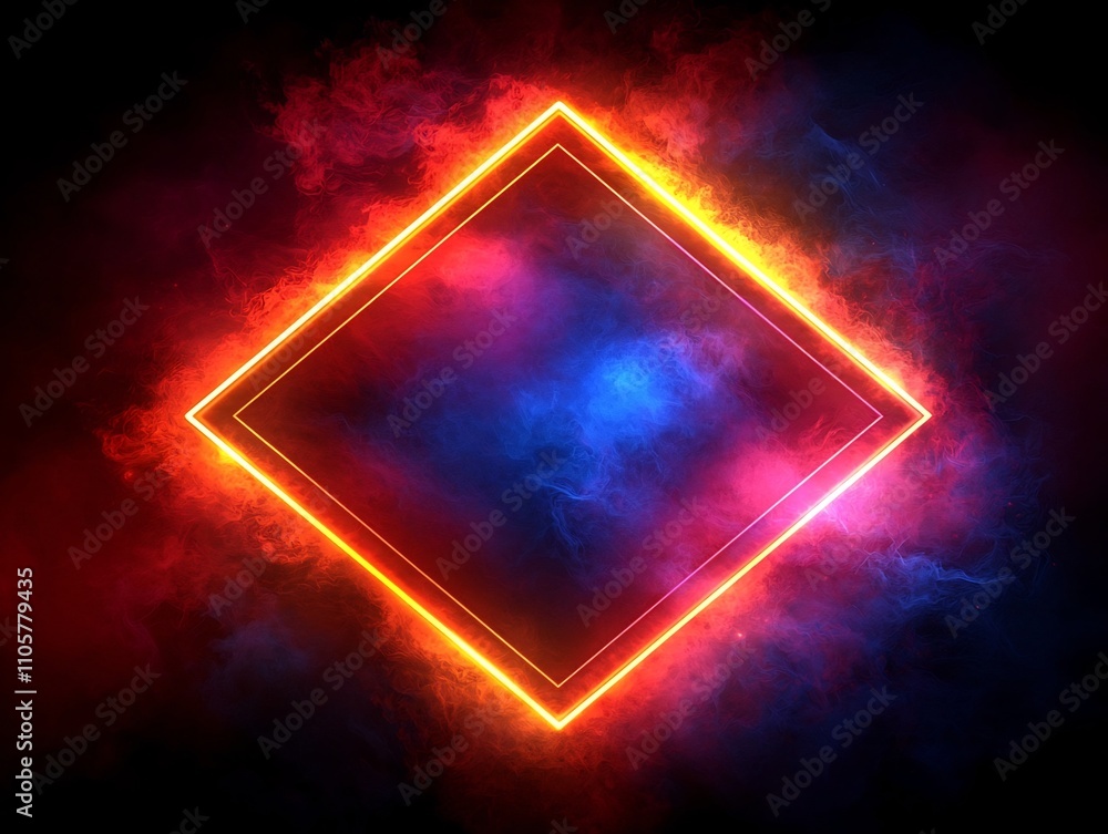 Glowing Geometric Neon Frame Against Dramatic Dark Background for Futuristic Tech Themed Designs Glowing Geometric Neon Frame Against Dramatic Dark Background for Futuristic Tech Themed Designs