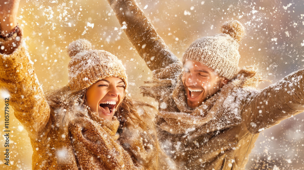 Obraz premium Happy couple in love lying on a snowy surface with snow on their hats
