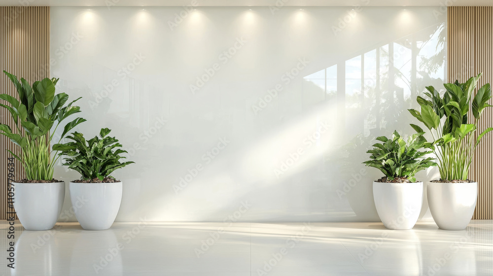 modern interior space featuring large potted plants in white pots, creating fresh and inviting atmosphere. minimalist design enhances natural light modern interior space featuring large potted plants in white pots, creating fresh and inviting atmosphere. minimalist design enhances natural light