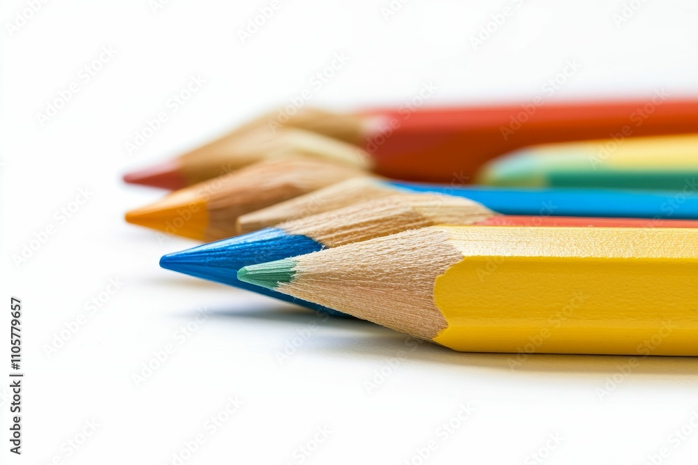 Colored pencils arranged, vibrant points, white background. Colored pencils arranged, vibrant points, white background.