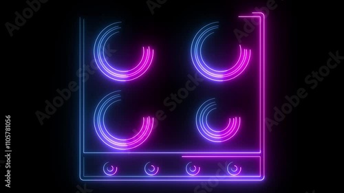 glowing neon pink blue color smart cooktop with electric stovetop animation icon on black background 