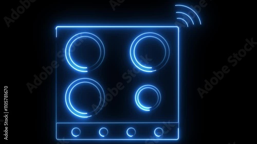 glowing neon blue color smart cooktop with electric stovetop animation icon on black background 