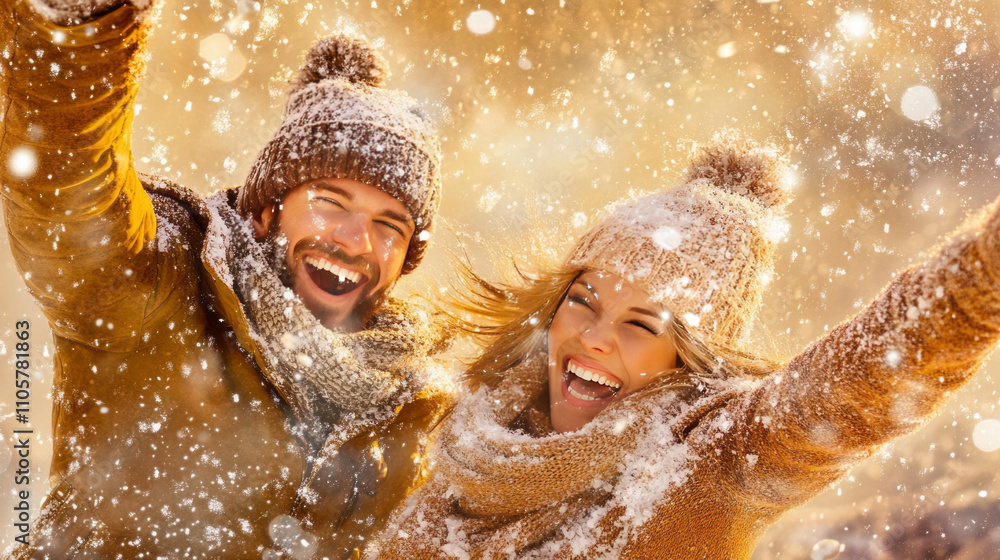 Obraz premium Happy couple in love lying on a snowy surface with snow on their hats