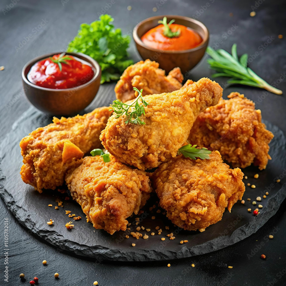 Crispy Kentucky fried chicken pieces arranged on a black slate background, Crispy Kentucky fried chicken pieces arranged on a black slate background,