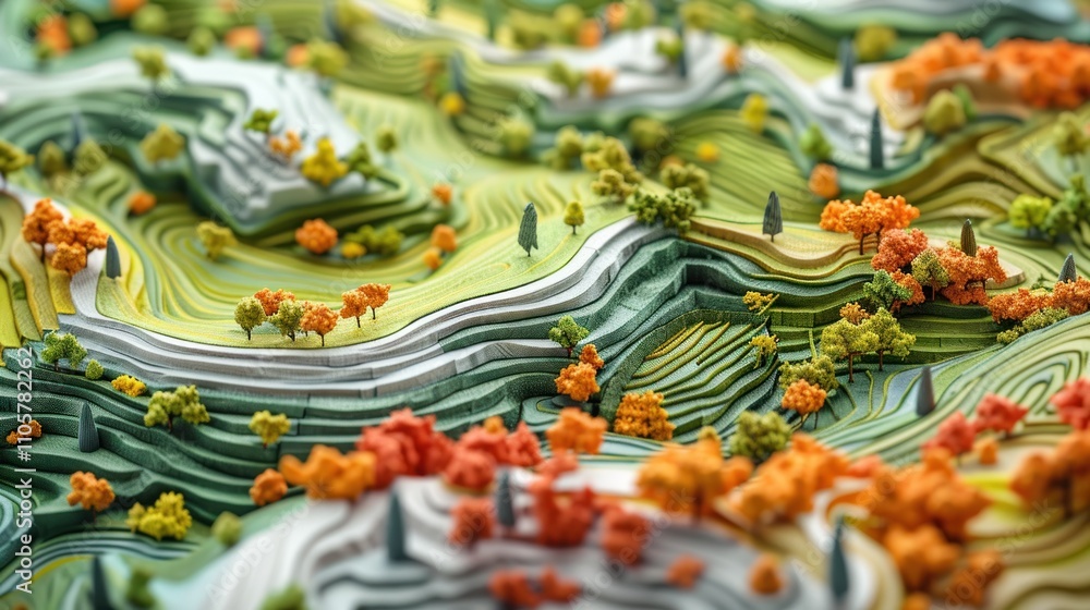 Naklejka premium Abstract autumn landscape, stylized hilly terrain with trees.