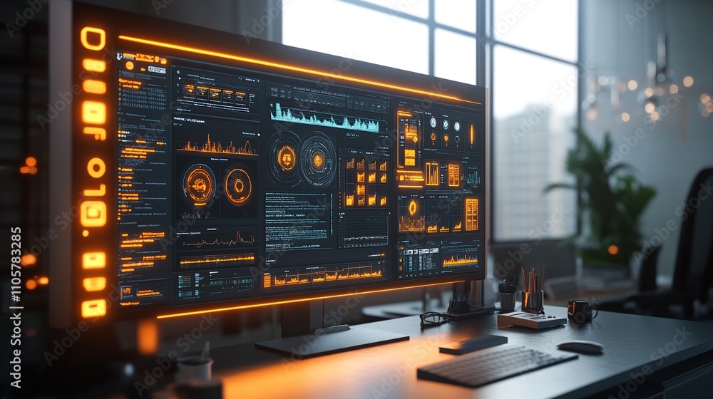 A futuristic workspace featuring a high-tech monitor displaying data analytics and dashboards. A futuristic workspace featuring a high-tech monitor displaying data analytics and dashboards.